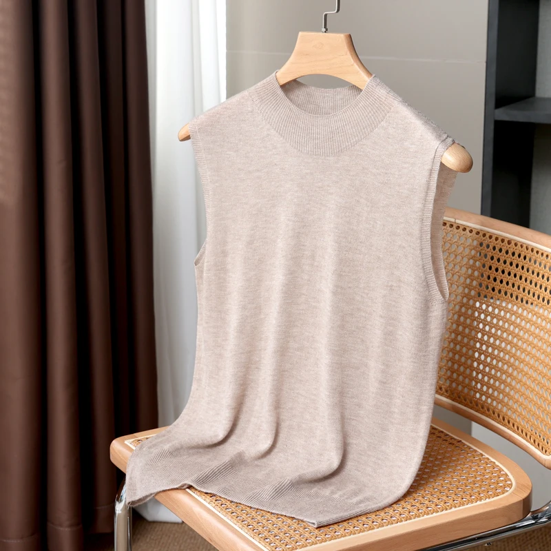 Women's Sleeveless Tank Half High Collar Basic Solid High Quality Wool Tops  Summer Close Fitting Soft Lightweight Thin Camisole