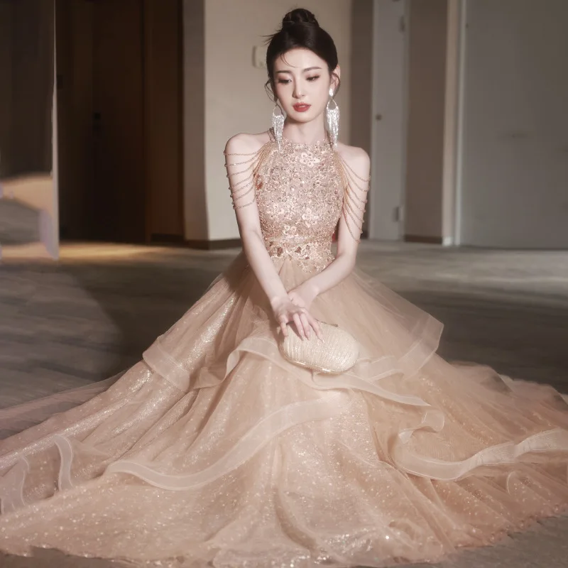 Vestido de noche dorado con cuello redondo para mujer, vestidos de noche elegantes para banquete de boda, vestido Formal de fiesta, vestidos de graduación, vestido de lujo