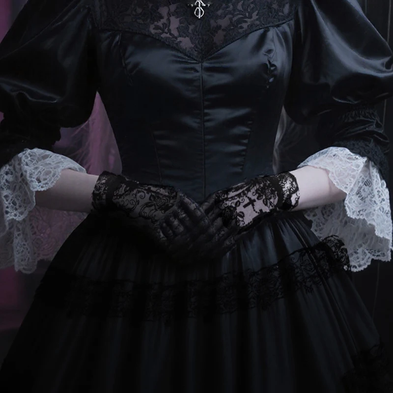 

Halloween Sexy Black Lace Thin Transparent Elasticity Mesh Short Gloves Women Sunscreen Punk Gothic Lolita Cosplay Cross Flowers