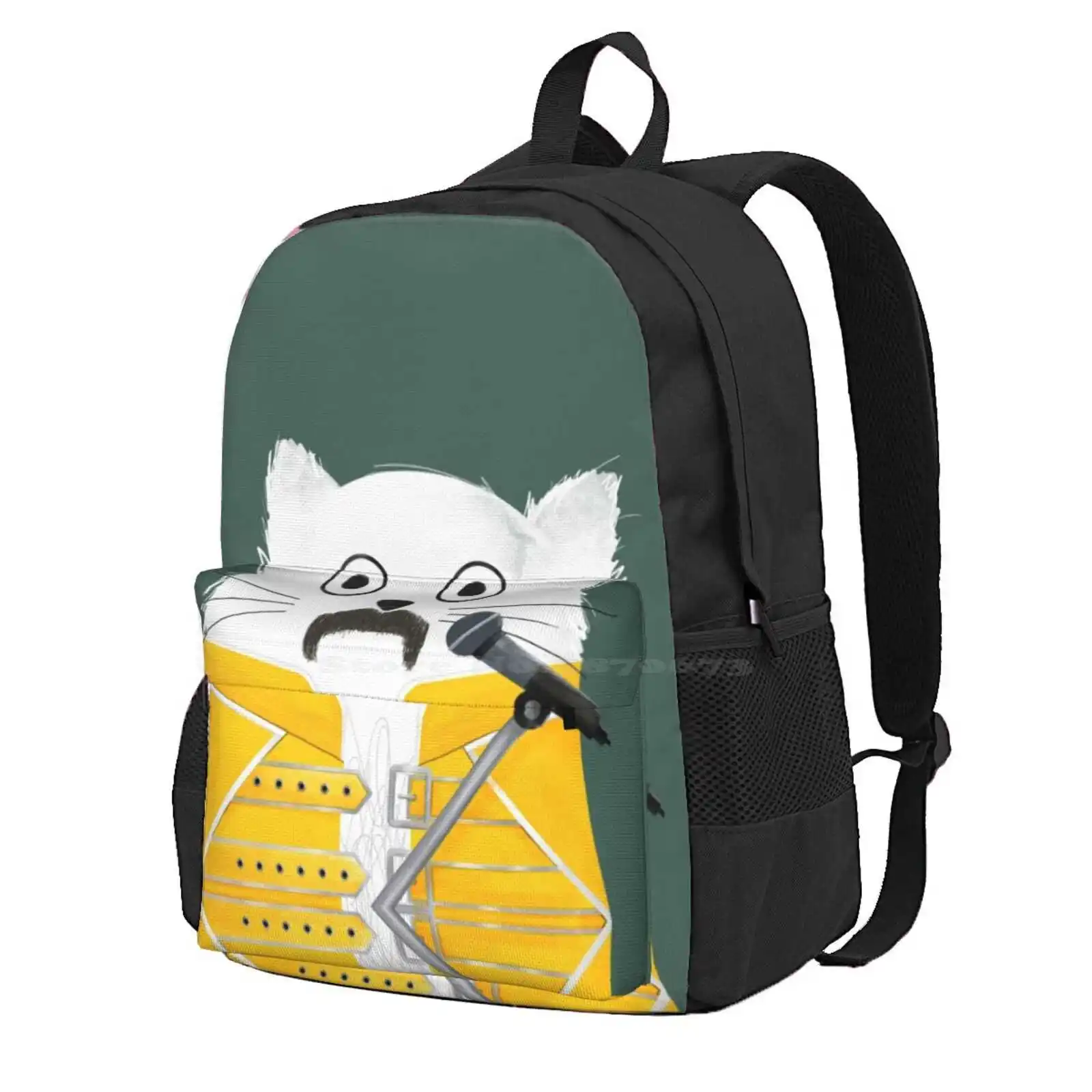 Cat Freddie Hot Sale Schoolbag Backpack Fashion Bags Freddie Music Microphone Leather Jacket Yellow Green Cute Cat Singer