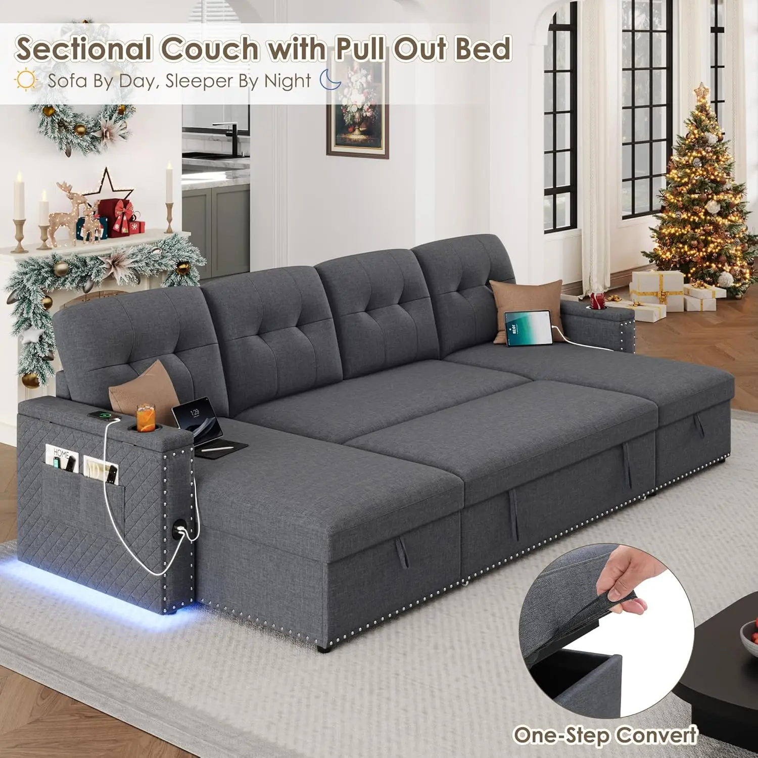 Sofá secional pull out sofás para sala de estar, luzes LED, porta USB-Sleeper, sofá sofá com chaise e armazenamento, 112 polegadas