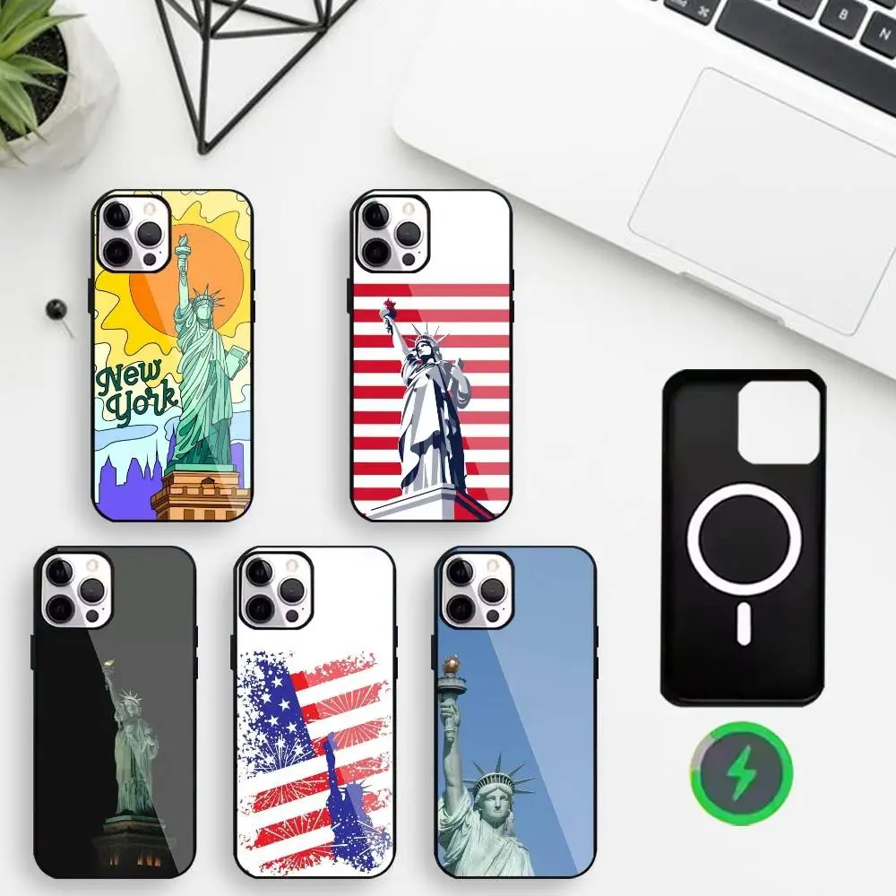 

Statue of Liberty Phone Case For iPhone17,16,15,14,13,12,11 Max Black Wireless Charging Protecitve Cover