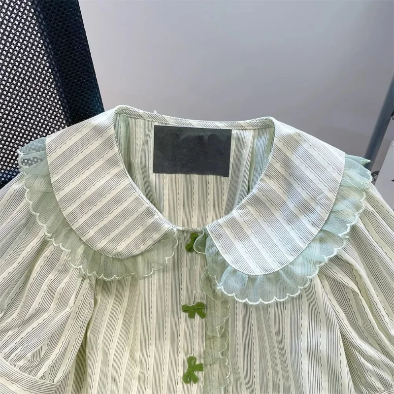 Kawaii Striped Women Blouses Sweet Lace Peter Pan Collar Chic Bow Button Green Tops Cute Puff Sleeve Y2k Aesthetic Lolita Shirts