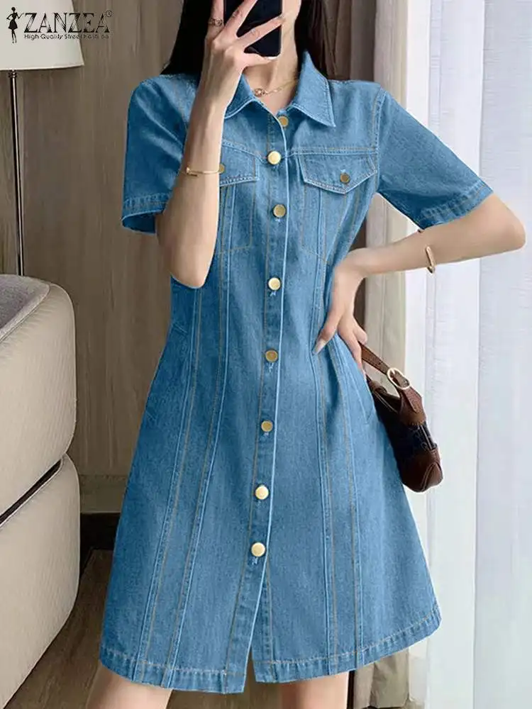 ZANZEA Fashion Short Sleeve A Line Dress Women Denim Shirt Dress 2024 Summer Buttons Waist Vestidos Vintage Lapel Neck Mini Robe