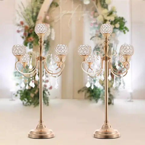 Candelabro de cristal de 5 brazos, portavelas, centros de mesa dorados, decoración de boda, 2 uds.