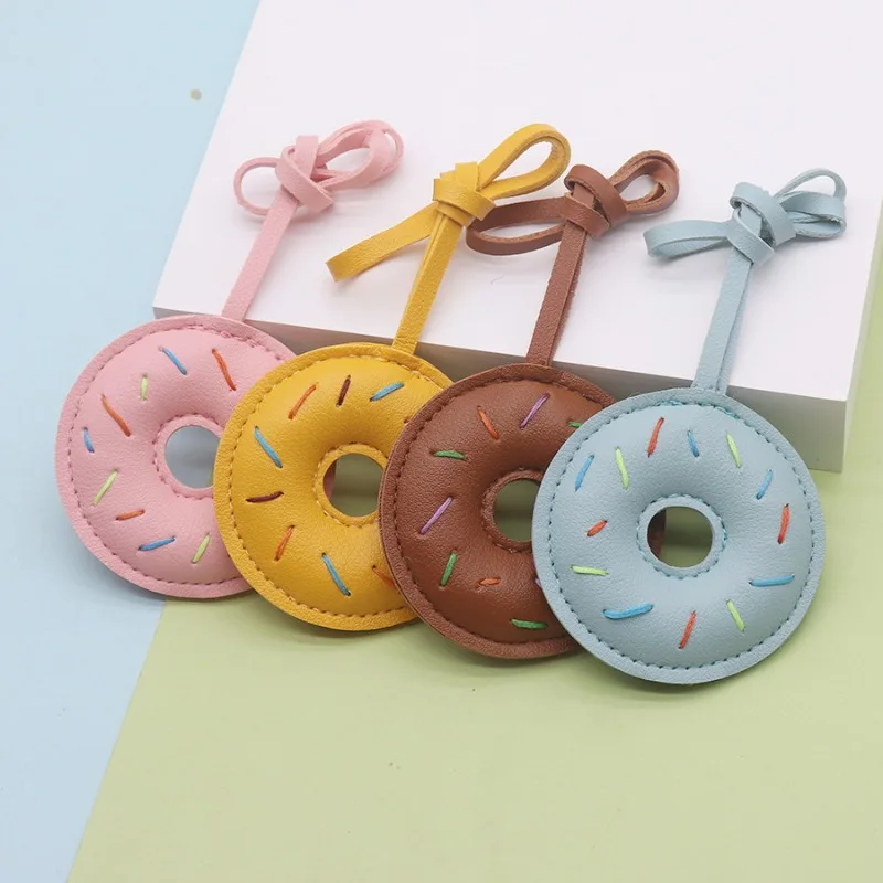 Kawaii Macaron Color Donut PU Leather Keychain Hand Stitched Sprinkle Donut Bag Pendant for Girls Backpack Handbag Decor Gift