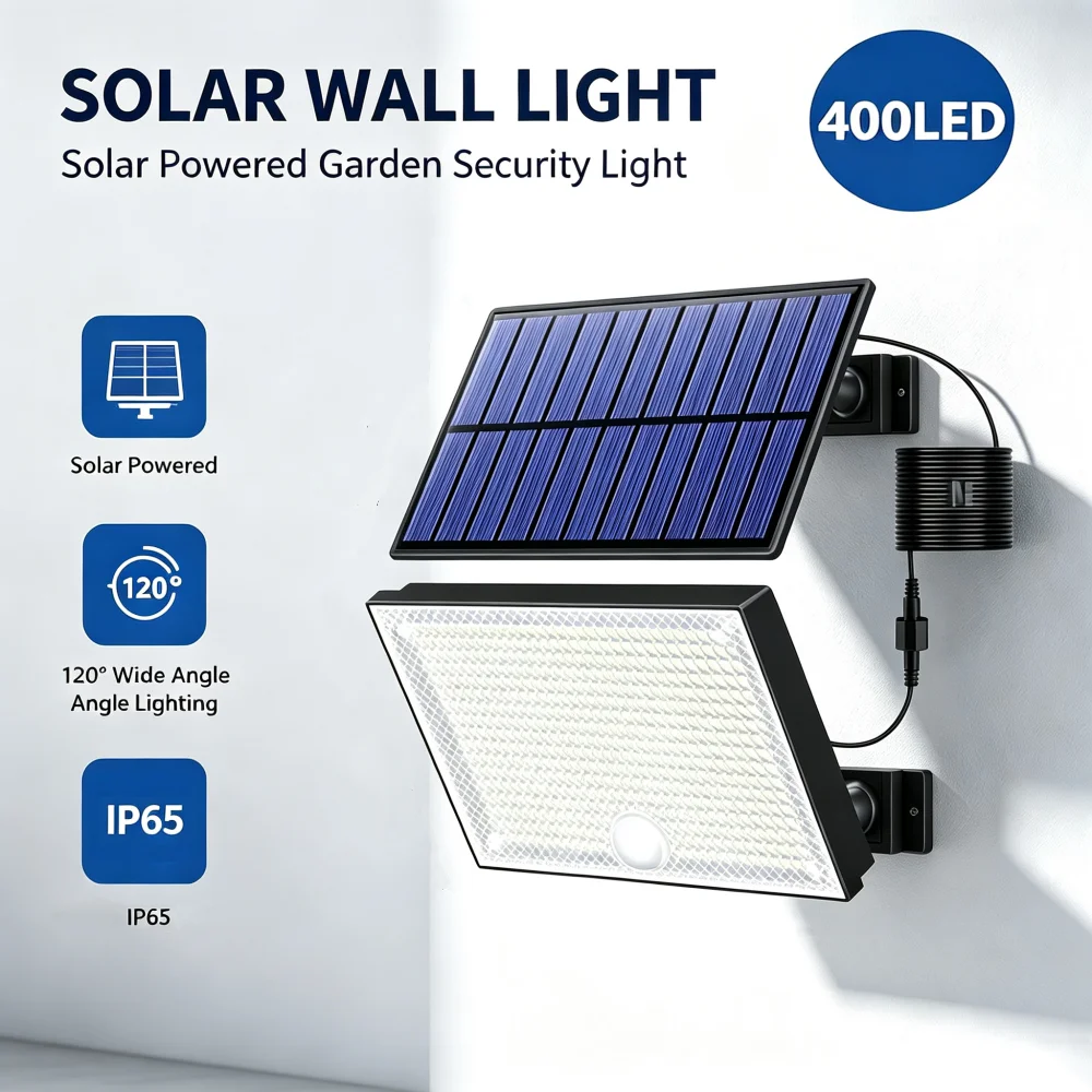 400LED Split Solar Wall Light Separated Solar Panel PIR Motion Sensor Remote Control Waterproof Outdoor Lamp for Barn Shed Porch