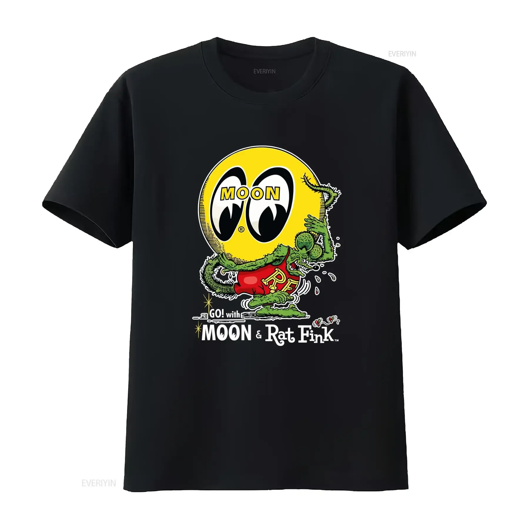 MoonEyes Go With Moon Rat Fink Cotton T Shirt Retro Eyeball Design for Men's Fashion vintage Washed Casual streetwear Stretched