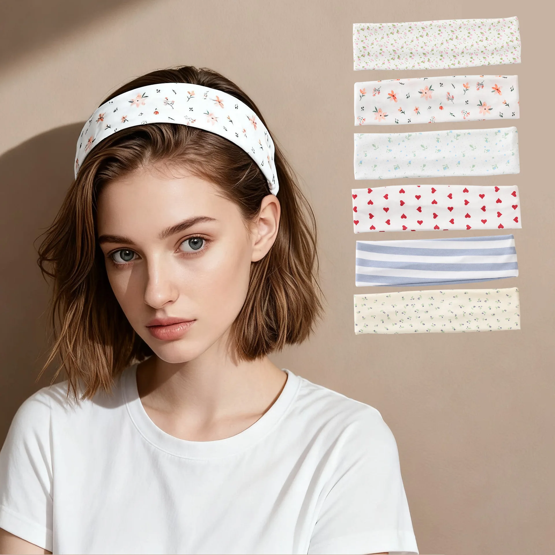 5pcs Girls Yoga Headband Floral Printed Cotton Fabric Headbands Set Women's Sports Anti-sweat Hairband Hair Accessories for Girl