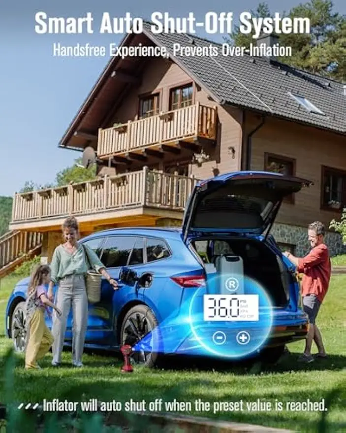 Gonfiatore portatile per pneumatici senza fili con spegnimento automatico, indicatore digitale, batteria ricaricabile e adattatore da 12 V per auto e biciclette