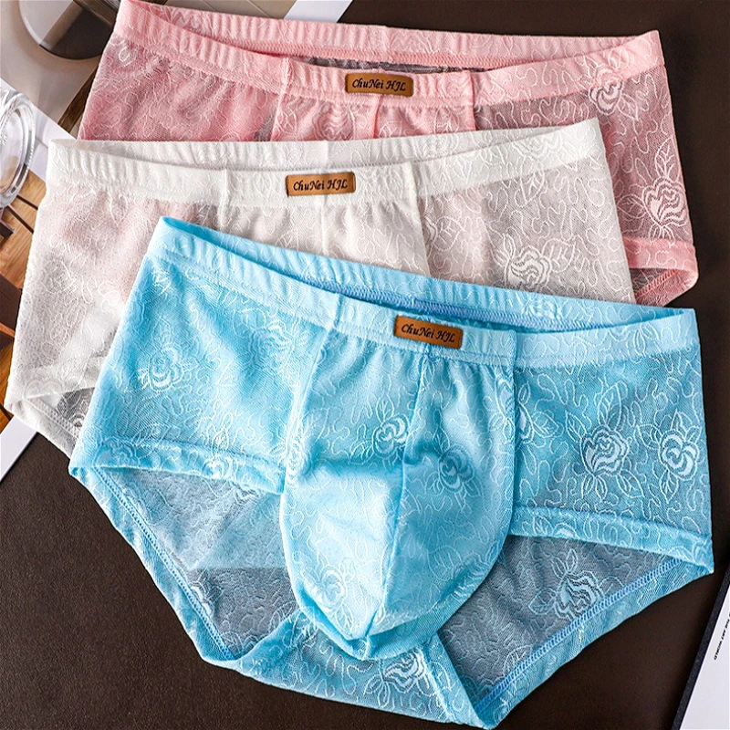 Mens Sexy Erotic Underwear Lace Panties Ropa Interior Hombre Mesh Perspective Mid Waist Pouch Briefs Large Size Quick Drying