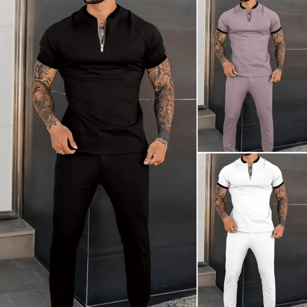 Autumn Men\'s Sets Casual Simple T-Shirt Sports Outfit Zipper Top Trousers Fashion Short-Sleeved Fitness Jogger Tracksuit