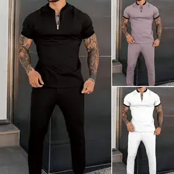 Autumn Men's Sets Casual Simple T-Shirt Sports Outfit Zipper Top Trousers Fashion Short-Sleeved Fitness Jogger Tracksuit