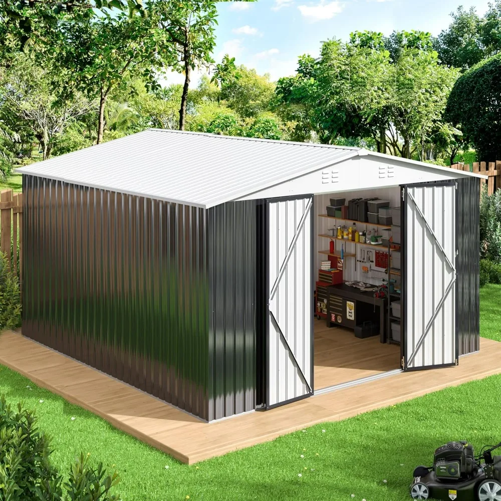 10x12 FT Outdoor Storage Shed, Garden Shed with Updated Frame Structure and Lockable Doors, Metal Tool Sheds for Backyard Garden