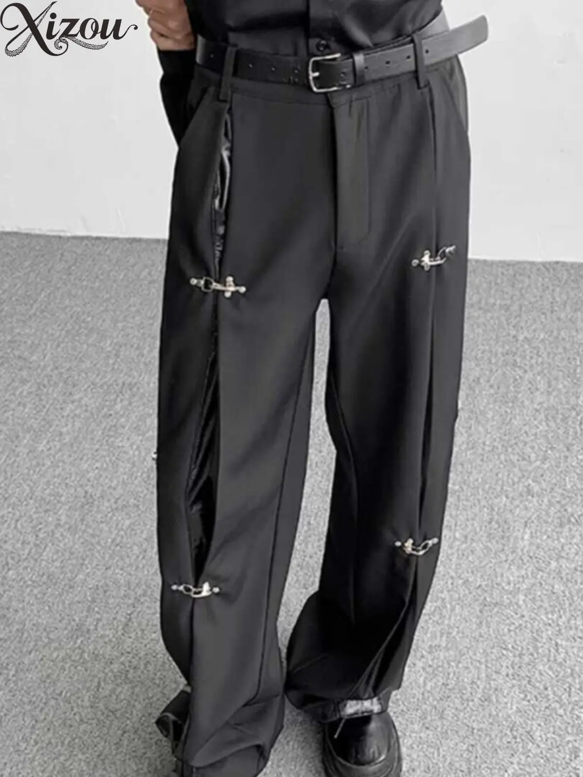 2026 Autumn  Retro Metal Buckle Trouser Men Women Splicing Draped High Waist Straight Wide-Leg Loose Fit Y2K High-end Black Pant