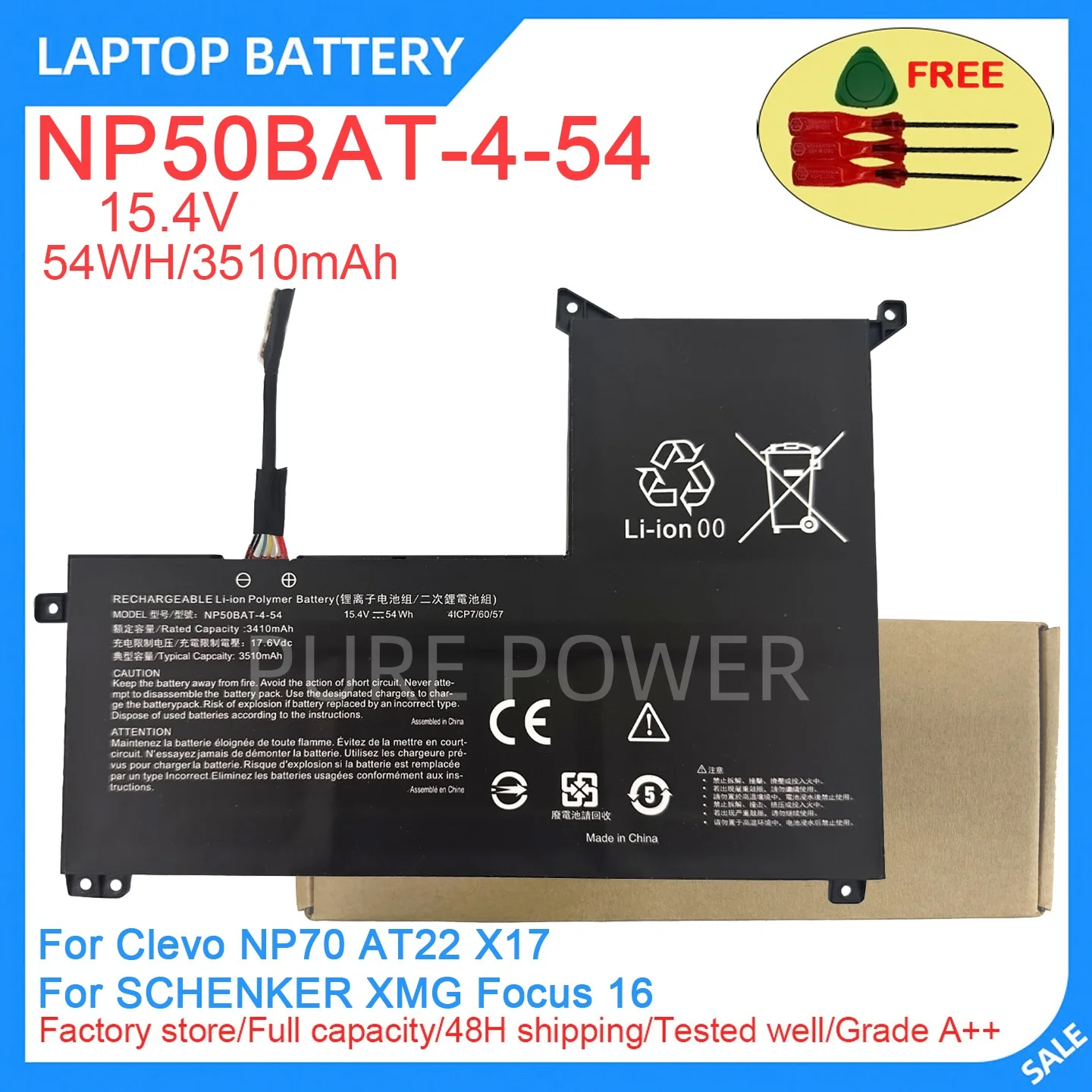New Laptop Battery NP50BAT-4-54 15.4V 54WH 3510mAh High Quality For Clevo NP70 AT22 X17 For SCHENKER XMG Focus 16