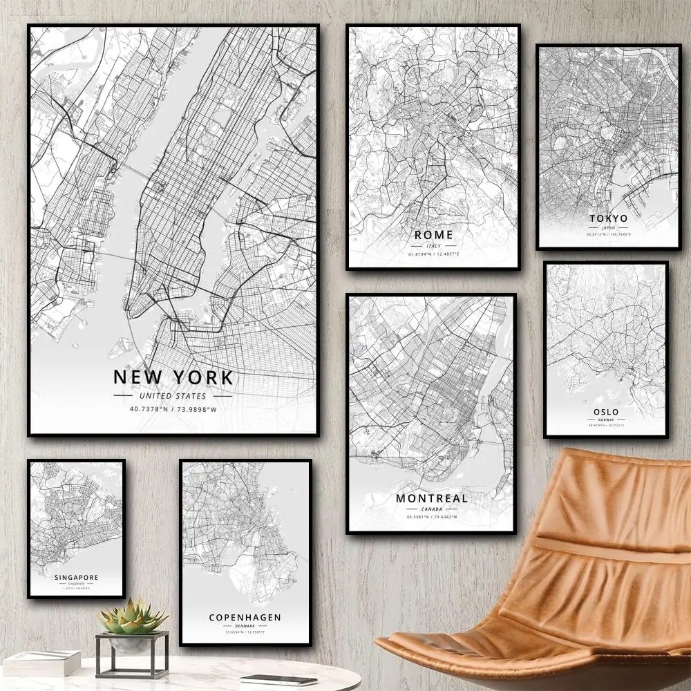 خريطة أبيض وأسود لوس أنجلوس نيويورك اللوحة الخط HD قماش المشارك غرفة المعيشة غرفة نوم بار الديكور الجمالي