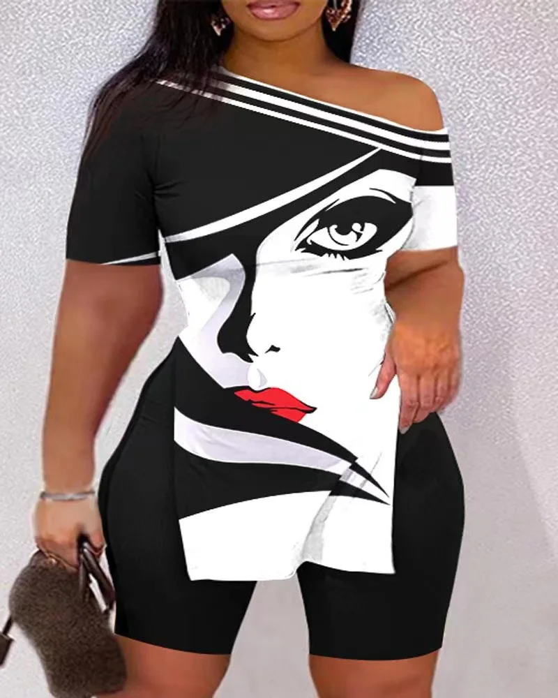 Print Two Piece Shorts Sets Women Skew Collar Short Sleeve Shirts Side Split Tops Pullover Elastic Waist Trousers Summer 2023