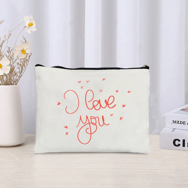 I Love You Flower Printed Cosmetic Bag Women Travel Perfume Lipstick Canvas Organizer Sundries Storage Zipper Pencil Case Pouch