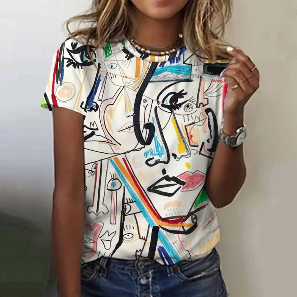 

Female personality elegant and fashionable 3D printed abstract face pattern short sleeved top for women's summer casual T-shirt