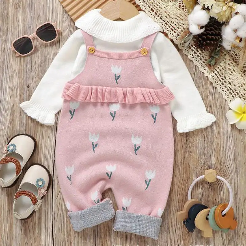 

Autumn Baby Clothes Boy Girl Knitted Tulip Print Suspenders Jumpsuit Fashion Infant Sleeveless Romper Newborm Knitting One-piece