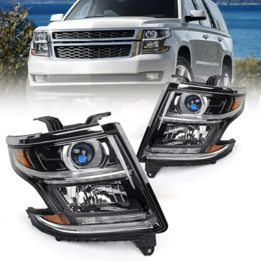 

LR Headlights Compatible with Chevy Tahoe/Suburban 2015-2020 LED DRL Halogen Headlamp Black Housing W/O Bulbs Left+Right Side