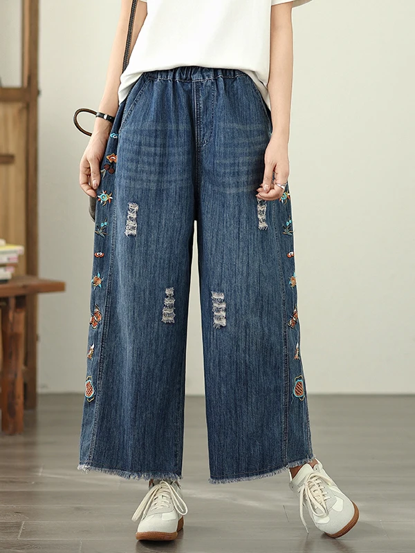 Calças Jeans Fenas Retro com Cintura Elástica Bordadas com Flores Largas e Soltas Corte Reto Casual para a Primavera em D...