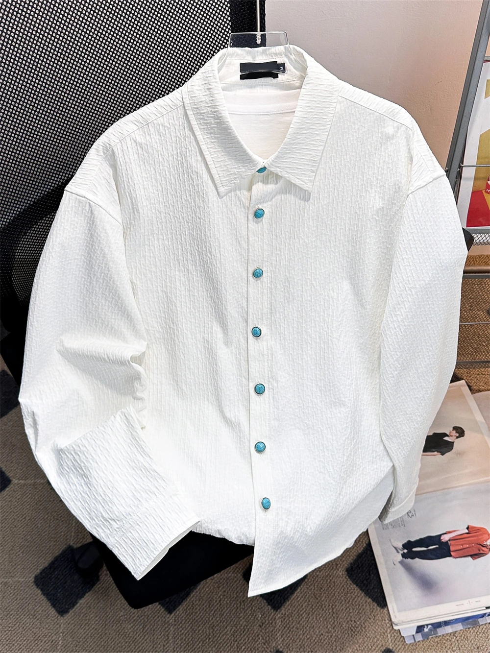 

Cleanfit Long Sleeve Shirt Men's Style Green Turquoise Folded White Shirt Cool And Handsome Loose Fit Outerwear for Men