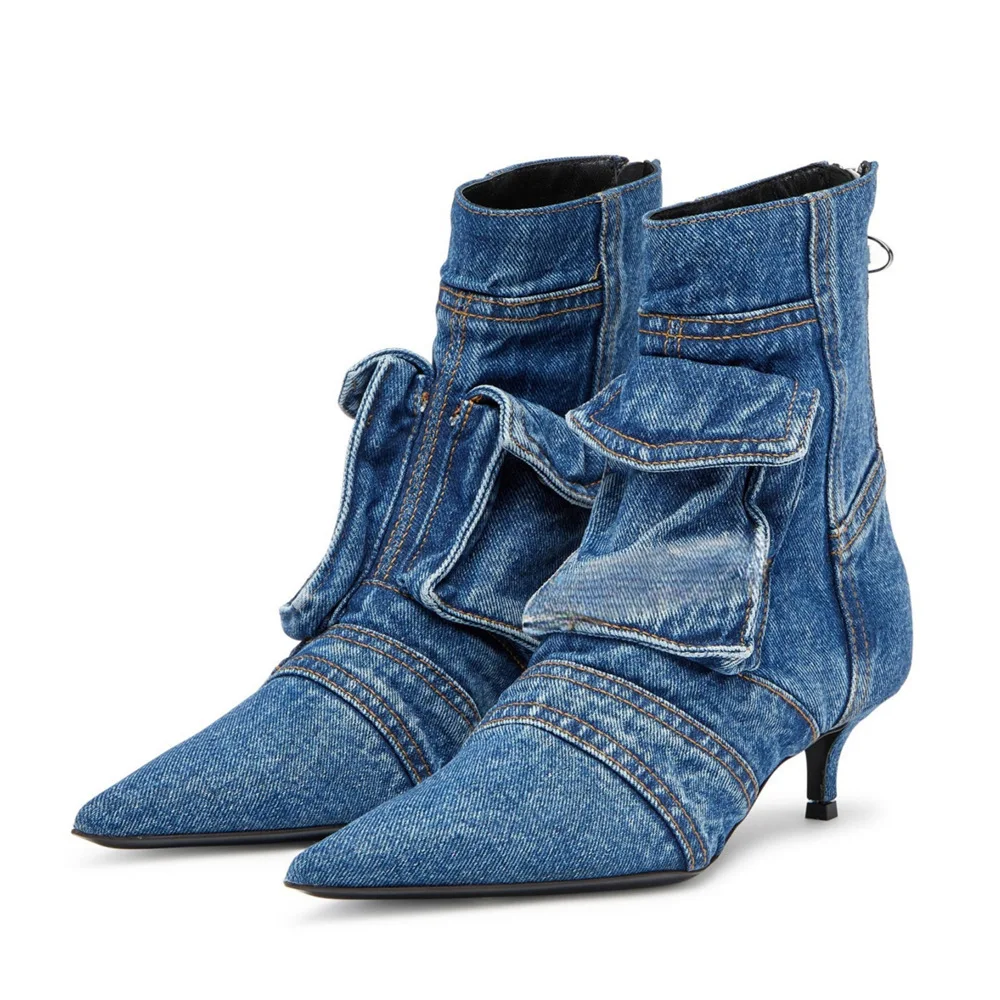 Washed Denim Pocket Boots Fashionable Pointed Thin Low Heel Rear Zipper Short Boots Botas De Invierno Para Mujer  Women Shoes