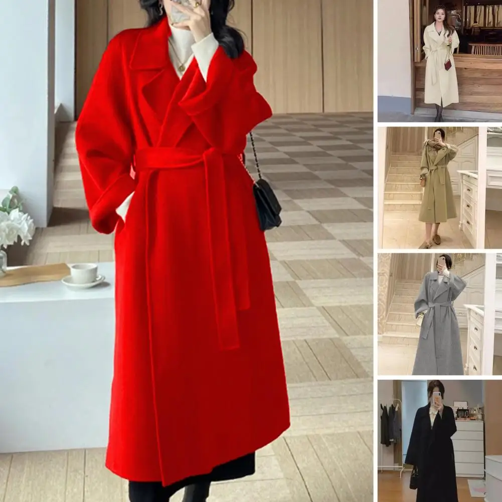 

Mid-length Wool Coat Stylish Women's Winter Overcoat with Belt Pockets Chic Mid Length Cardigan Coat for Commuting Dating Warm