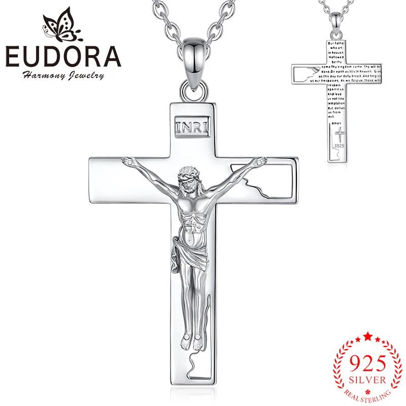 Eudora 925 Sterling Silver Crucifix Cross Necklace Jesus Amulet Pendant Hollow Out Design Religious Jewelry Gifts for Men Women