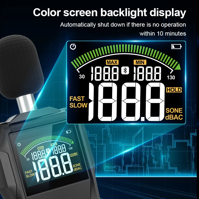 Imagem -05 - Mestek-medidor de Nível de Som com Display Colorido 30130db Taxa de Amostragem Rápida Lenta Microfone Capacitivo Monitor de Ruído Bluetooth Luz de Fundo