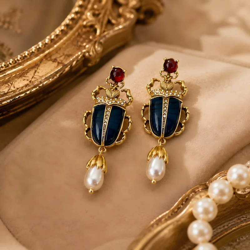 

Vintage Beetle Drop Earrings for Women Rhinestone Inlaid Faux Pearl Dangle Earrings Retro Insect Statement Jewelry Gift