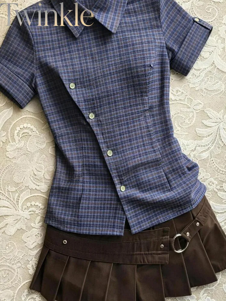 2Pcs Plaid Set Women Vintage Blue Top Brown Pleated Skirt Summer Casual Two Piece Outfit
