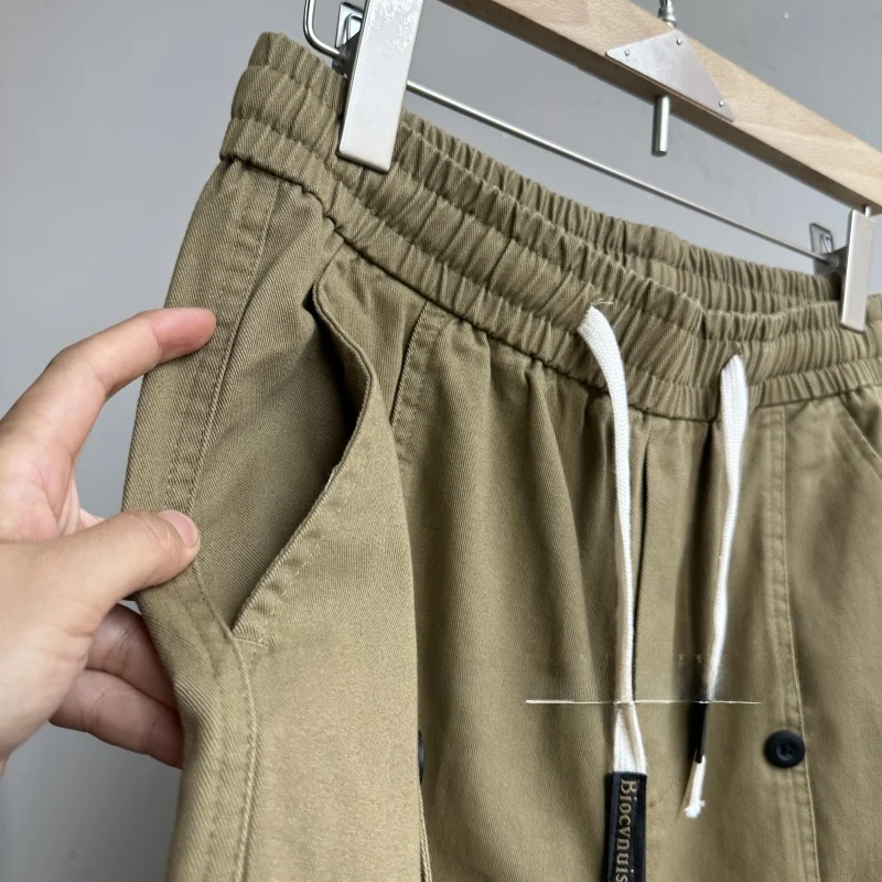 

Cotton Twill Cargo Pants Men's Loose Fit Elastic Waist Dstring Autumn Winter Casual Trousers Straight Leg Pure Color