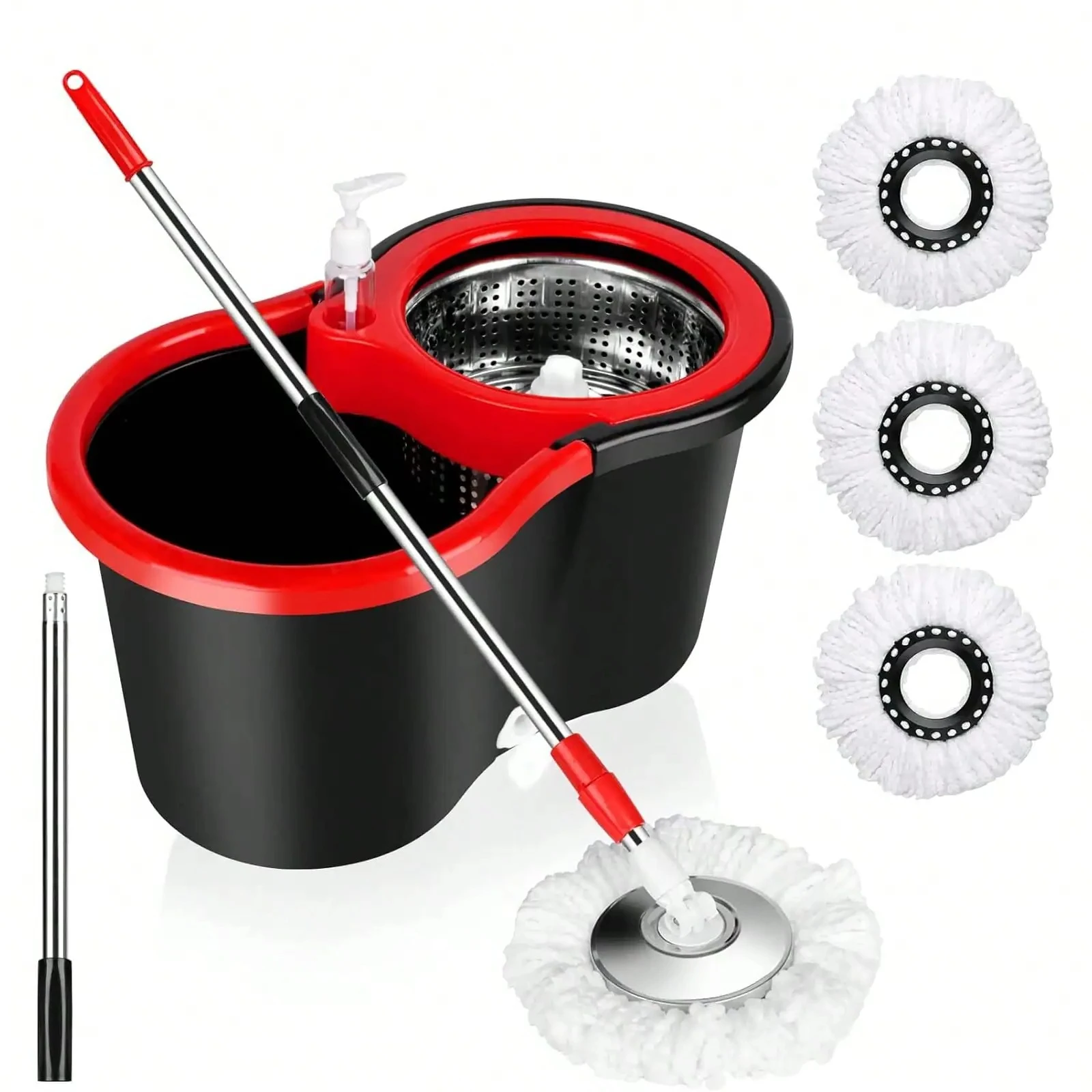 

Набор вращающихся швабр и ведро с зажимным механизмом, 3 сменными насадками из микрофибры, регулируемая ручка из нержавеющей стали диаметром 61 дюйм для чистки пола