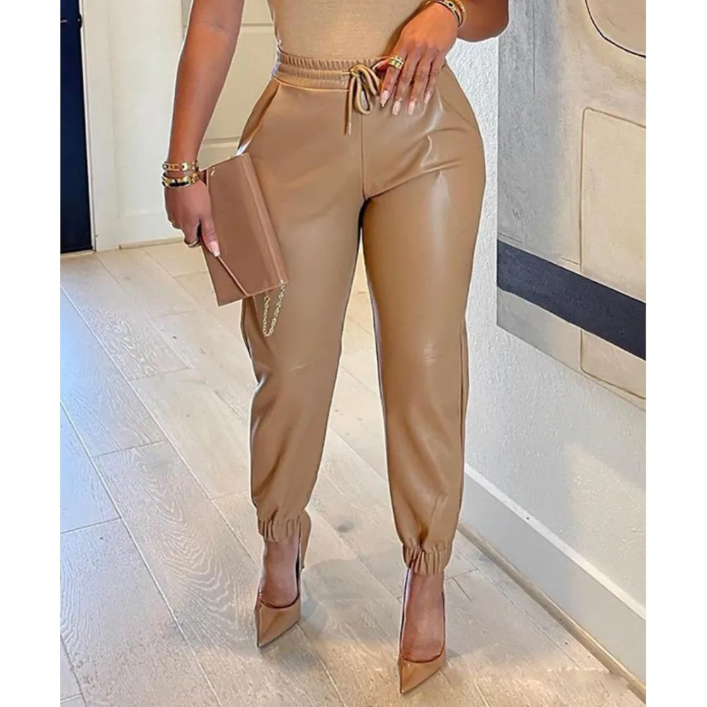 ربيع جديد بولي سروال ضيق من الجلد بنطال جلدي المرأة موضة مرونة الخصر الأشرطة سليم مقاوم للماء الإناث بولي Leather السراويل الجلدية الطويلة