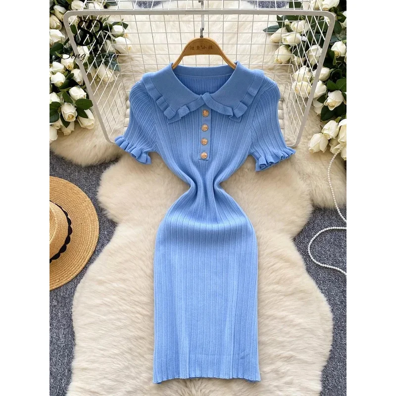 ZIXIN อเมริกัน Retro ถัก Bodycon Sundress ผู้หญิงคอปกแขนสั้น Ruffles Sheath ลาย Hotsweet ชุดสั้น