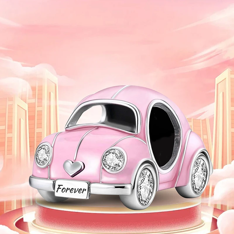 925 Silberbeschichtete rosa Auto-, High-Heels-, Stern- und Sonnenblumen-Anhängerperlen für DIY-Armbänder und Armreifen – hochwertiges Schmuckgeschenk