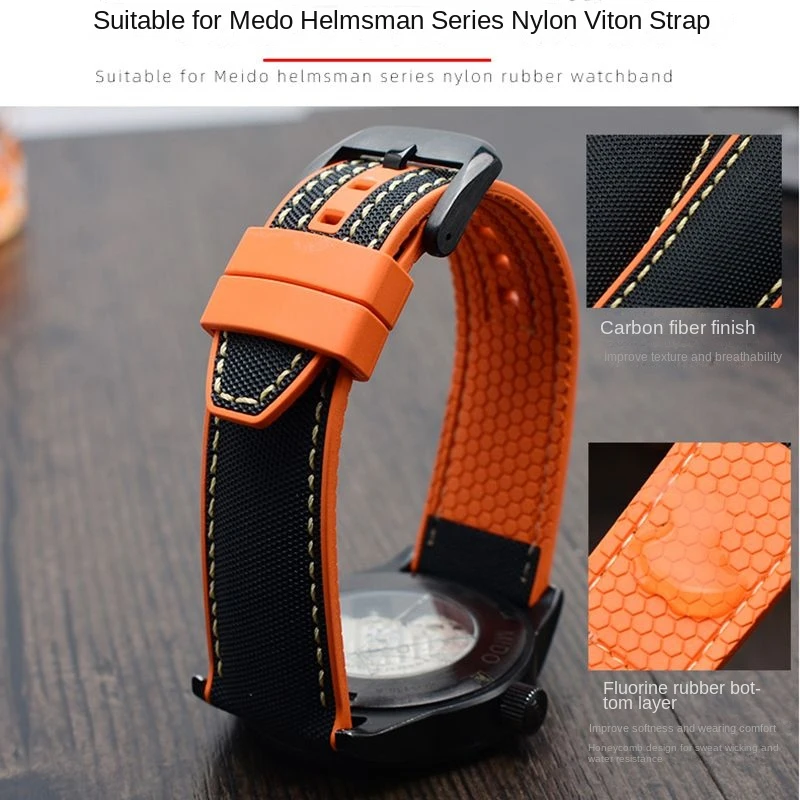 New Design Hybrid FKM Watch Strap for Mido Helmsman M005 M038.431 M038431a Quick Release Canvas Nylon Watchband Bracelet 22mm