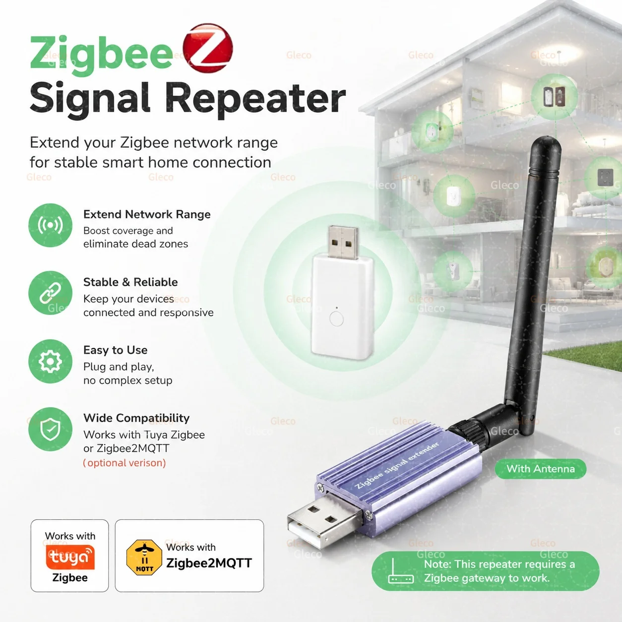 Repetidor de Sinal Zigbee, Extensor de Alcance, Antena e Amplificador de Sinal para Sensor de Casa Inteligente, Compatível com Tuya Smart Life/Zigbee2MQTT (Opcional)