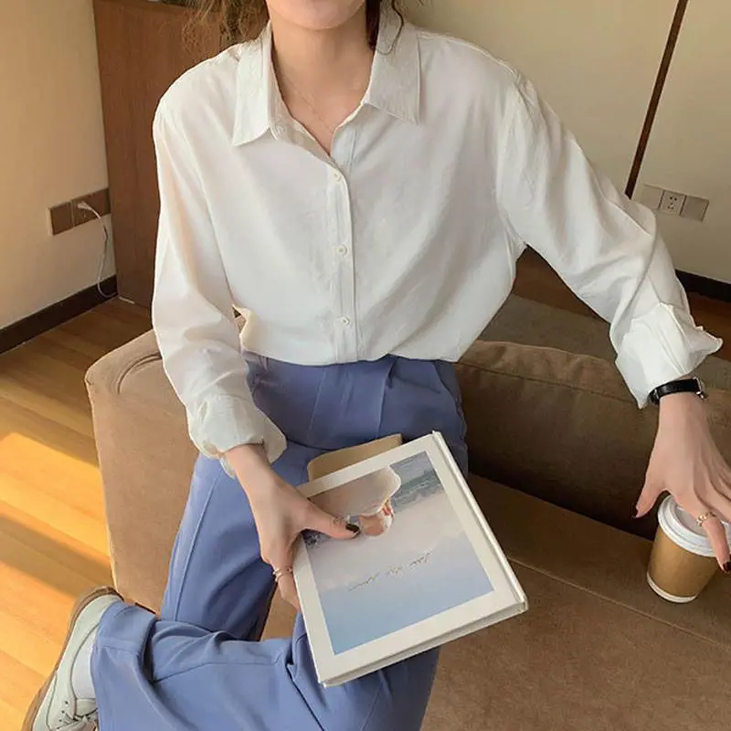 

Long Sleeve Shirts Womens Satin Ruffled Button Down Tops Oversized Neutral Boyfriend Fit Trendy Spring Streetwear Comfortable
