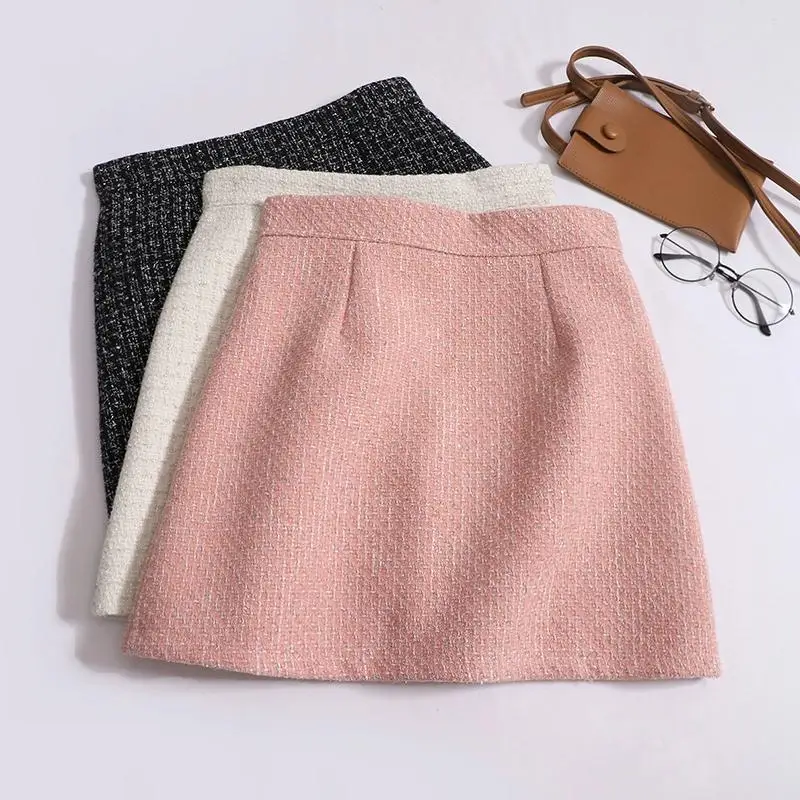 Autumn Winter A Line High Waist Mini Tweed Skirt Pink Elegant Summer Jupe Faldas Mujer