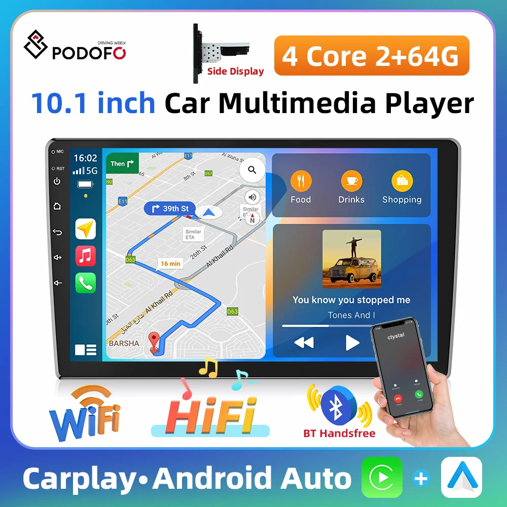 Podofo Universal 10.1''Car Radio 2+64G Multimedia Player Carplay Android Auto WIFI GPS Navigation HiFi Bluetooth 4Core Autoradio