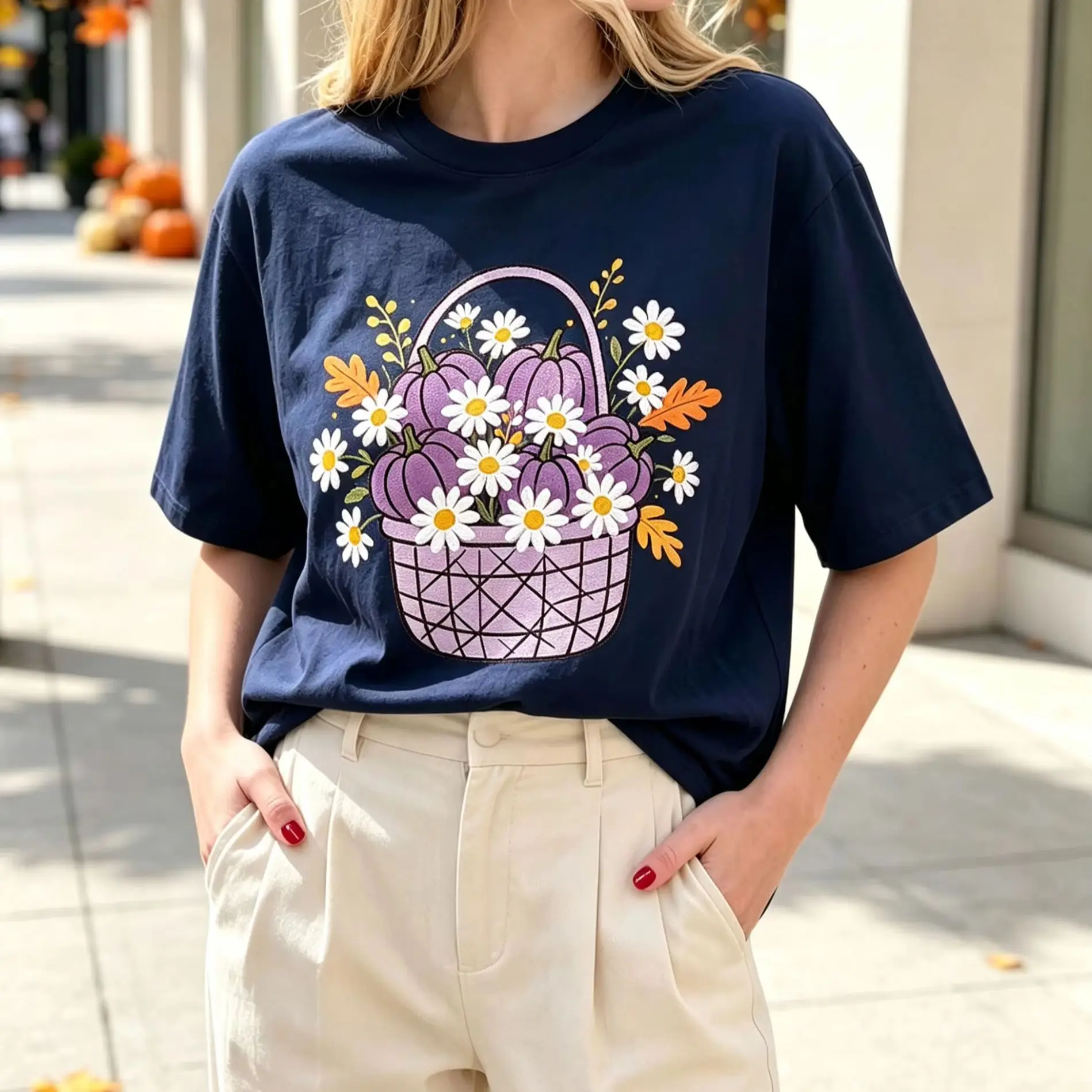 Women Fall Autumn T Shirt Purple Pumpkin Basket Daisy Flower Graphic Loose Short Sleeve Casual Tops