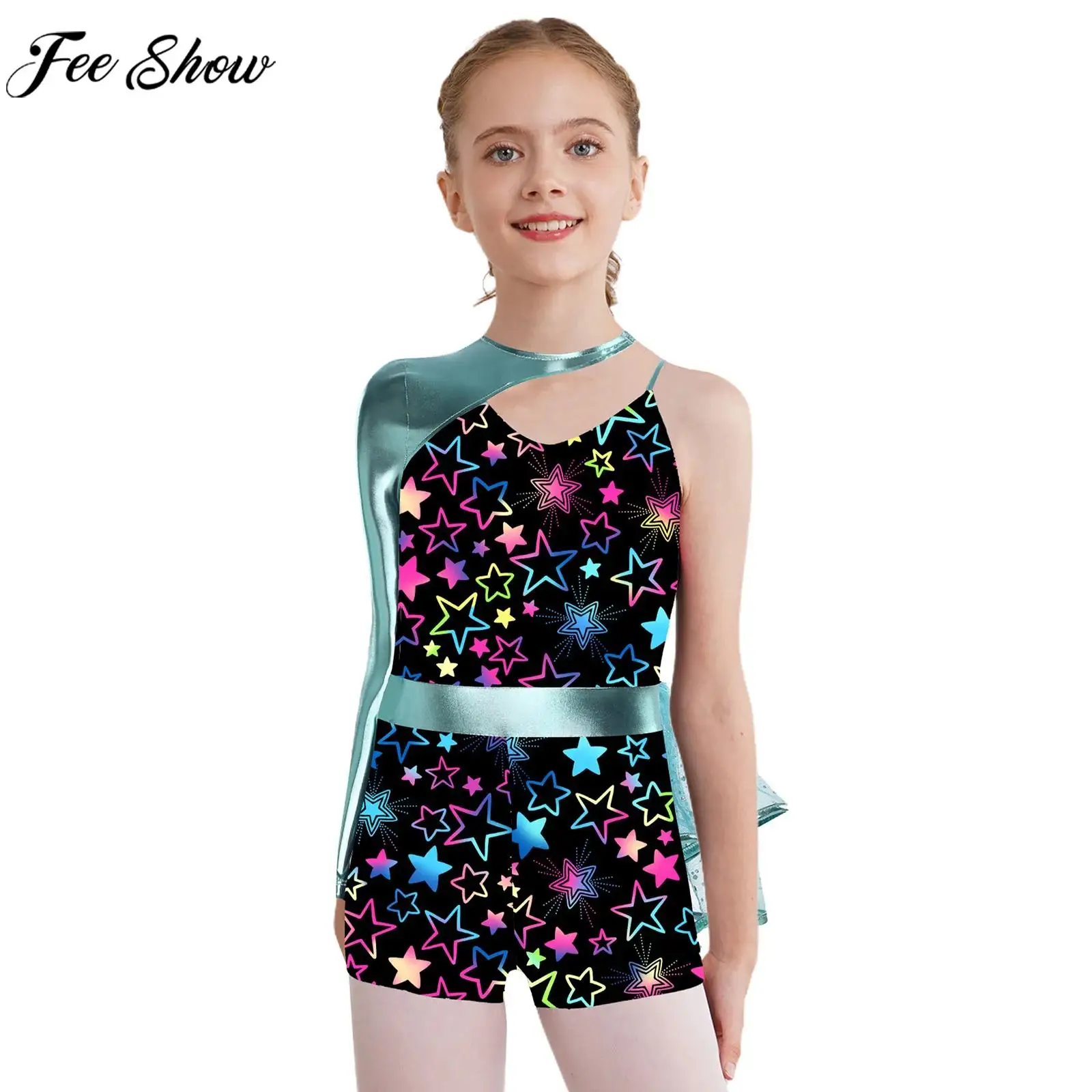 Niños Niñas Ballet danza leotardo brillante un hombro estampado lentejuelas malla tutú mono patinaje artístico gimnasia acrobacias mono