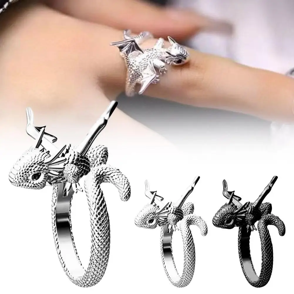 Vintage Dark Dragon Opening Rings dla mężczyzn Kobiety Śliczne zwierzę Srebrny kolor Metal Punk Fashion Finger Fashion Jewelry Party