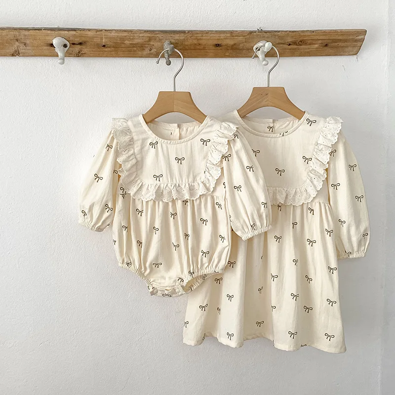 

Korean Style Baby Girl Dress Sister Matching Set Bow Print Princess Romper Outfits Spring Fall Infant Bodysuit Toddler Clothes