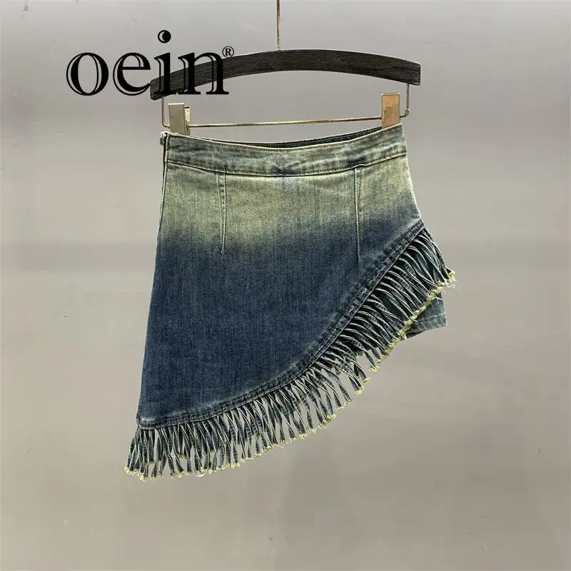 

[oein] Irregular Tassel Spicy Girl Denim Short Skirt, Half , Women's Summer 2024 New High Waisted Hip Hugging A-line Skirt