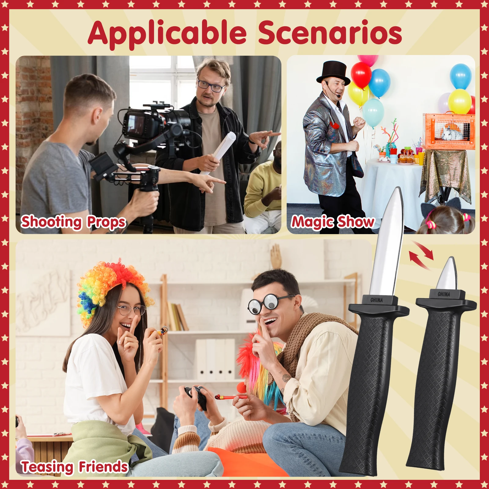 2 قطعة خدعة نكتة قابلة للسحب تجهيزات حفلة الهالوين تختفي البلاستيك وهمية سكين المزحة الجدة حفلة خدعة المزح للبالغين والأطفال